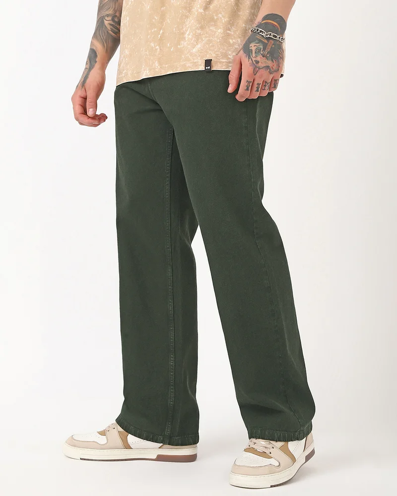 بيواكوف Men's Olive Green Baggy Fit Washed Mid-Rise Jeans